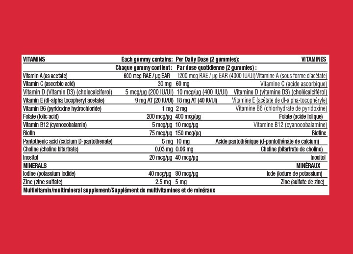 One A Day Adult Gummies Vitamin 130ct nutritional label
